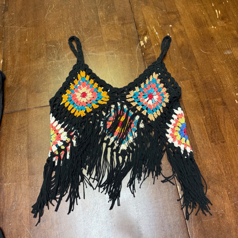 Crochet Granny Square Cami‎ Top Womens Small Black Multi Fringe Boho